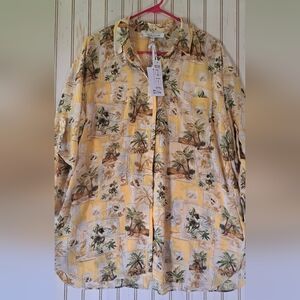 Ladies Rose & Olive Top Shirt Blouse Tropical Birds Butter Yellow Cream NWT LRG